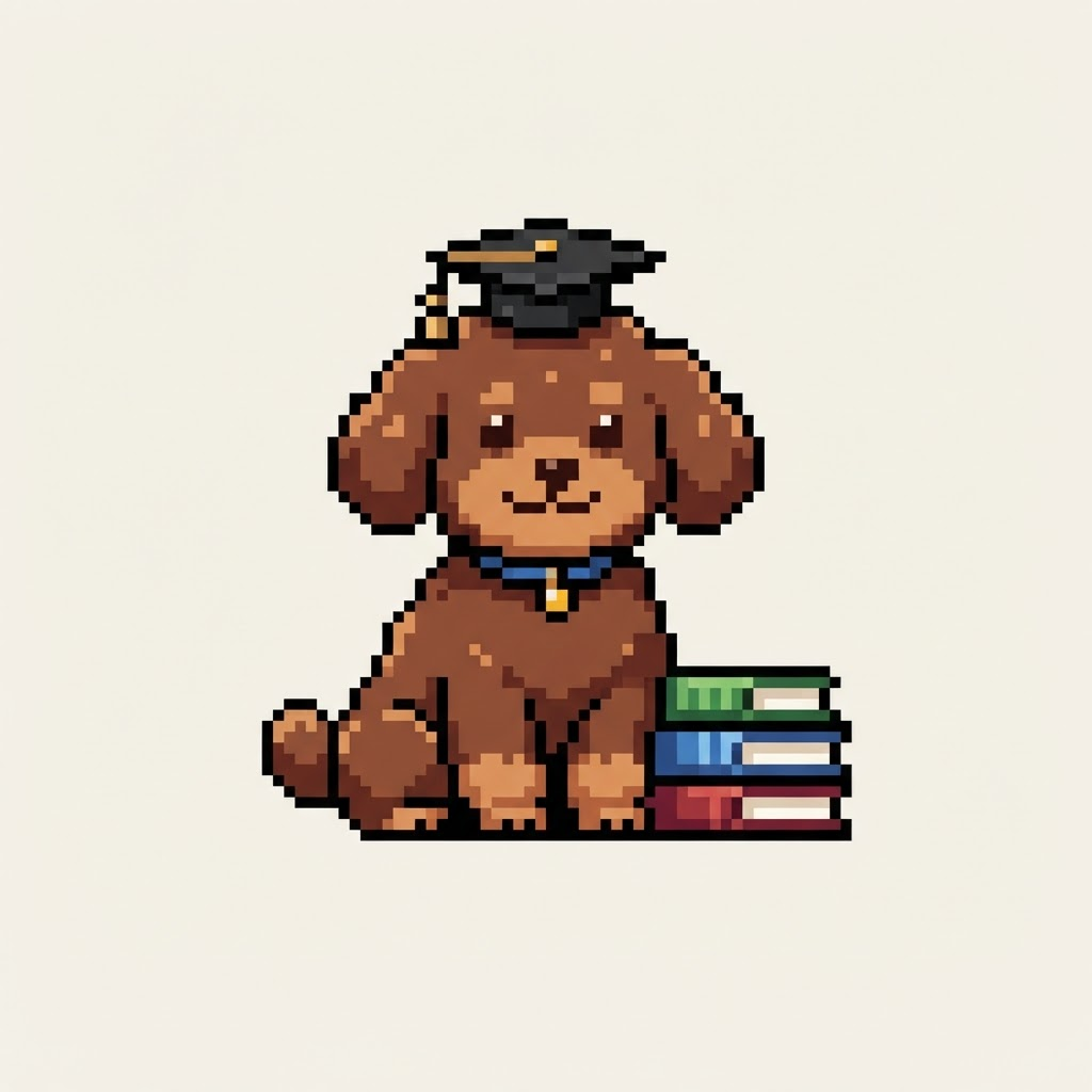 Hodu the pixel poodle wearing a graduation cap beside books